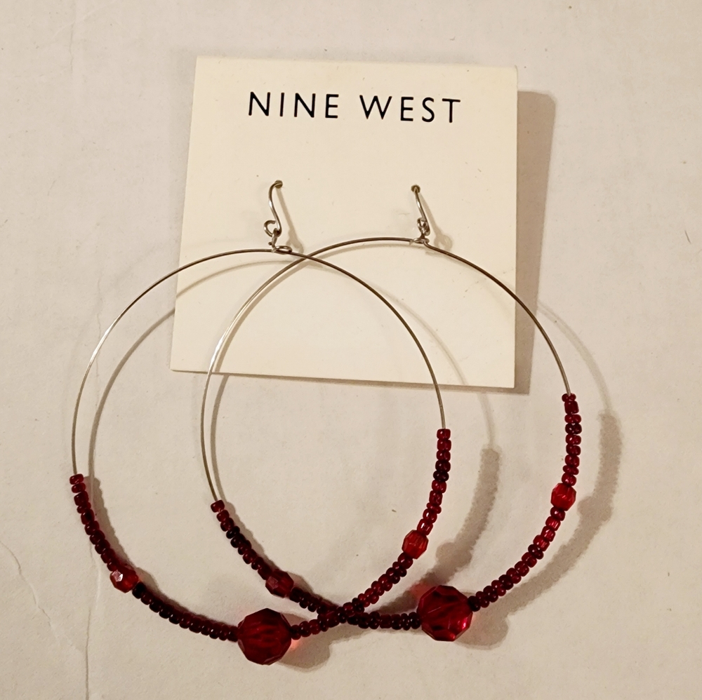 Nwt Nine West dark bohemian carnelian red beaded hoop dangle earrings